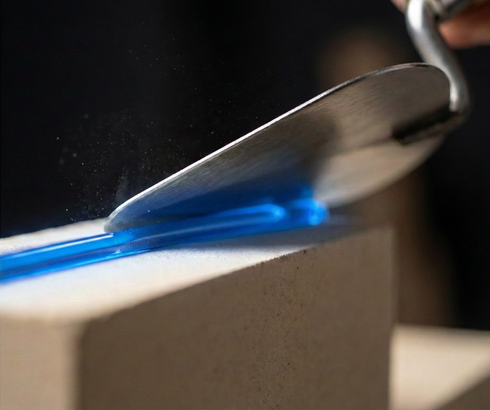 Macro photograph of a mason's trowel drawing a luminous blue bead of mortar along a brick.