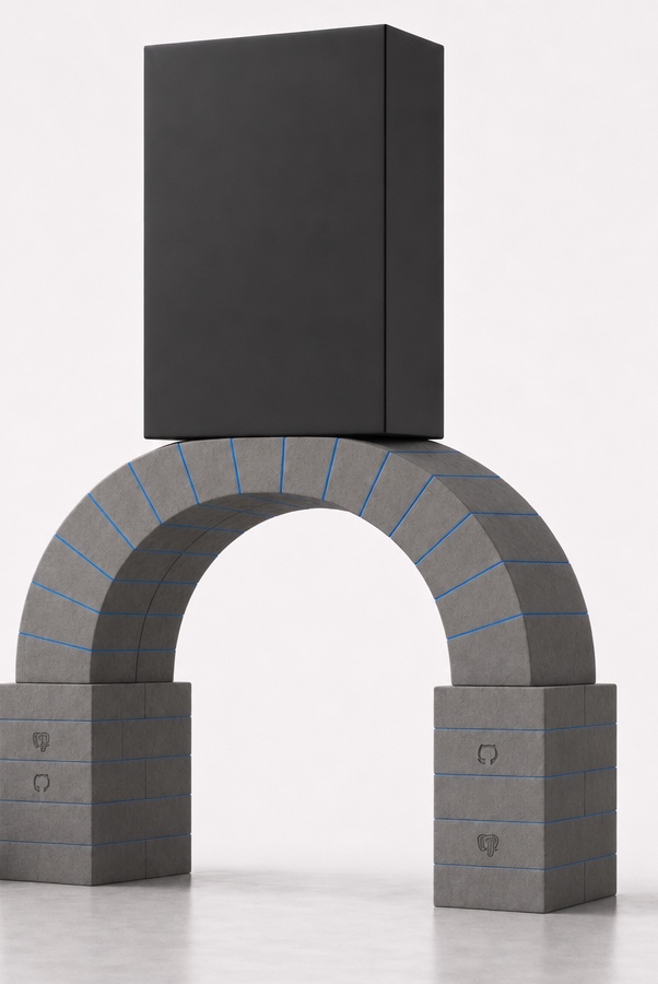 Detail: a masonry arch of gray bricks with hairline glowing blue mortar seams and small embossed tool logos, carrying a huge black monolith.