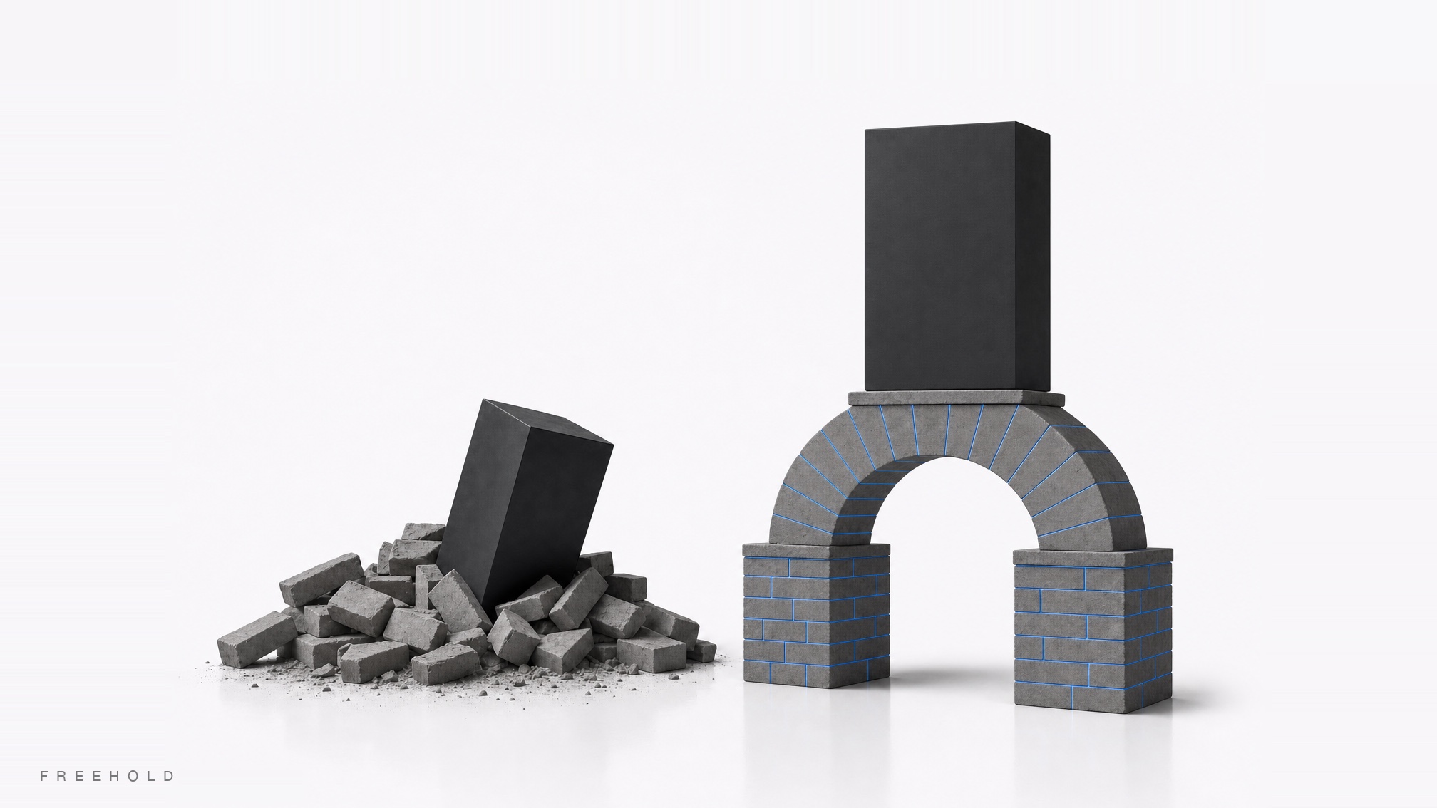 Left: a black block sunk into a collapsed pile of loose bricks. Right: the same bricks bound into a masonry arch with hairline glowing blue mortar seams, carrying a far larger block with ease.