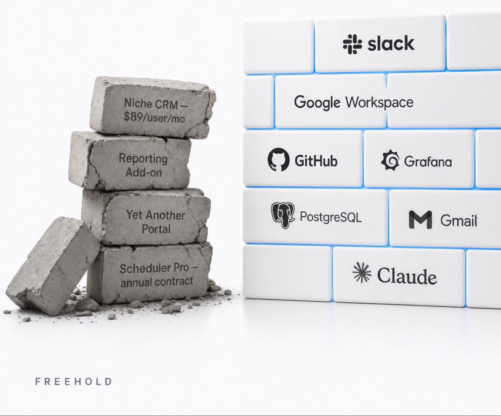 A pile of crumbling gray bricks labeled with generic subscription software names next to a solid wall of well-known tools bound by glowing blue mortar.